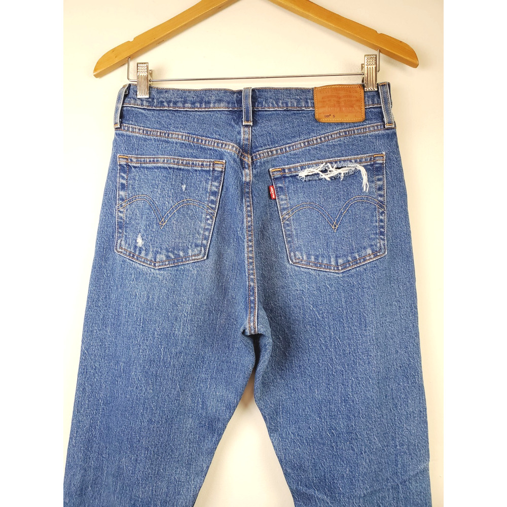 Levi's 501 Womens 28 Jeans Distressed Dark Wash Blue Button Fly Skinny Stretch - Picture 3 of 12